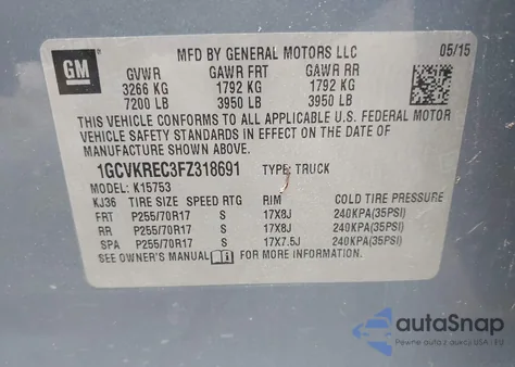 2015 Chevrolet Silverado 1500 1Lt из США, поврежденный, VIN 1GCVKREC3FZ318691